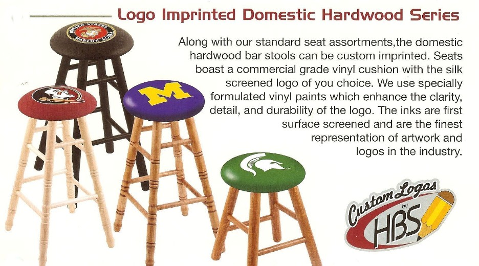 maple or oak bar, counter stools with logo seat